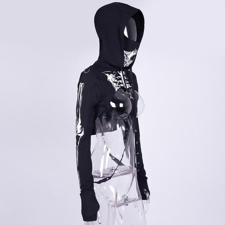 Long sleeve hoodie skeleton print buckle gloves contrast shrug top  | Festival Outfits Women