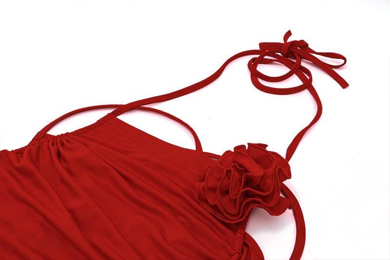 Halter ruched flower applique ruffle solid cross back crop top  | Festival Outfits Women