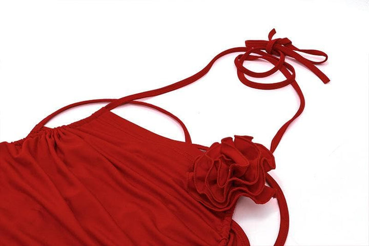 Halter ruched flower applique ruffle solid cross back crop top  | Festival Outfits Women