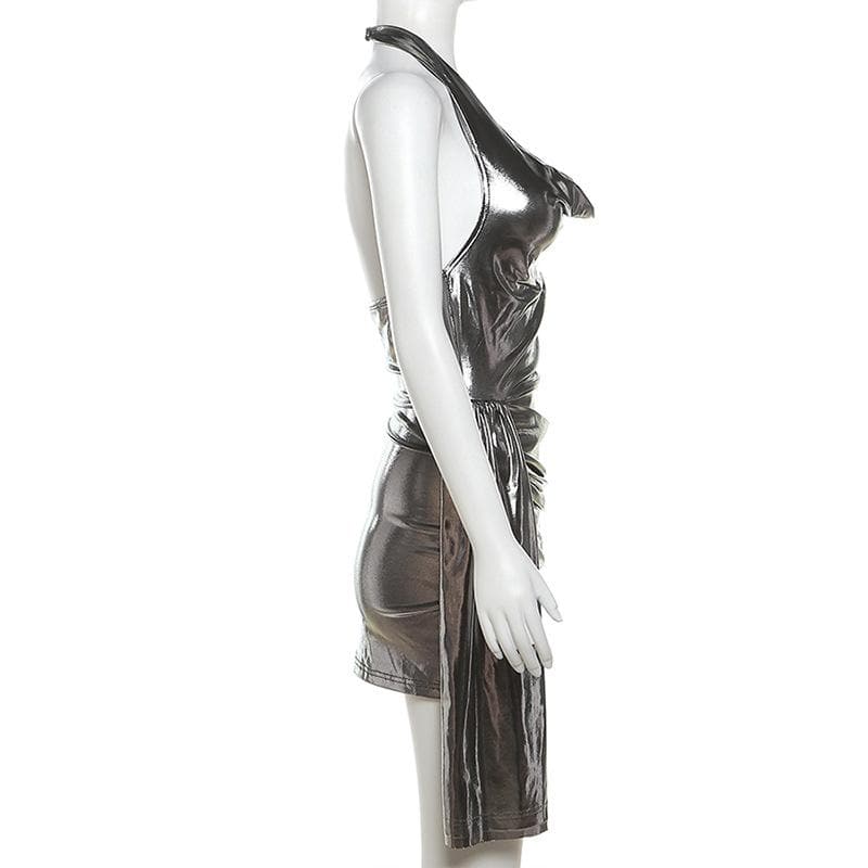 Halter ruched cowl neck metallic button mini dress  | Festival Outfits Women-final-sale