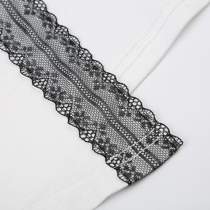 Long sleeve bowknot lace hem u neck slit top  | Festival Outfits Women