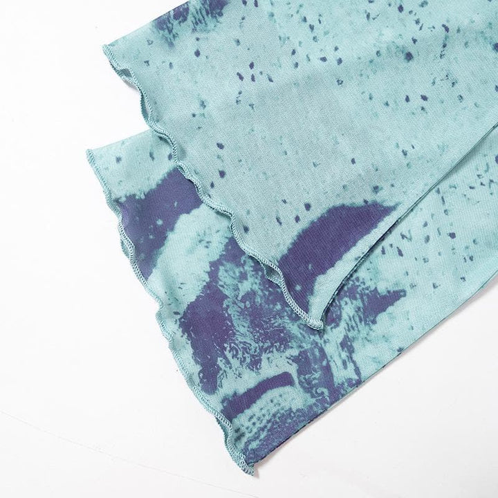 Sheer mesh see through flared sleeve contrast print 2-way top