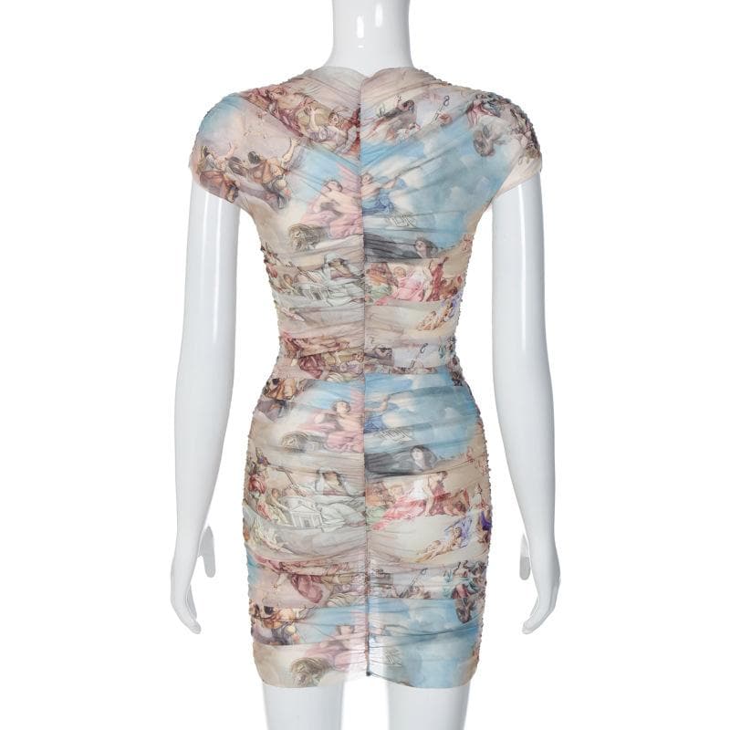 Sheer mesh see through abstract ruched short sleeve contrast mini dress