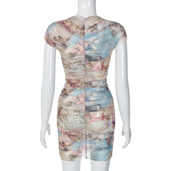 Sheer mesh see through abstract ruched short sleeve contrast mini dress