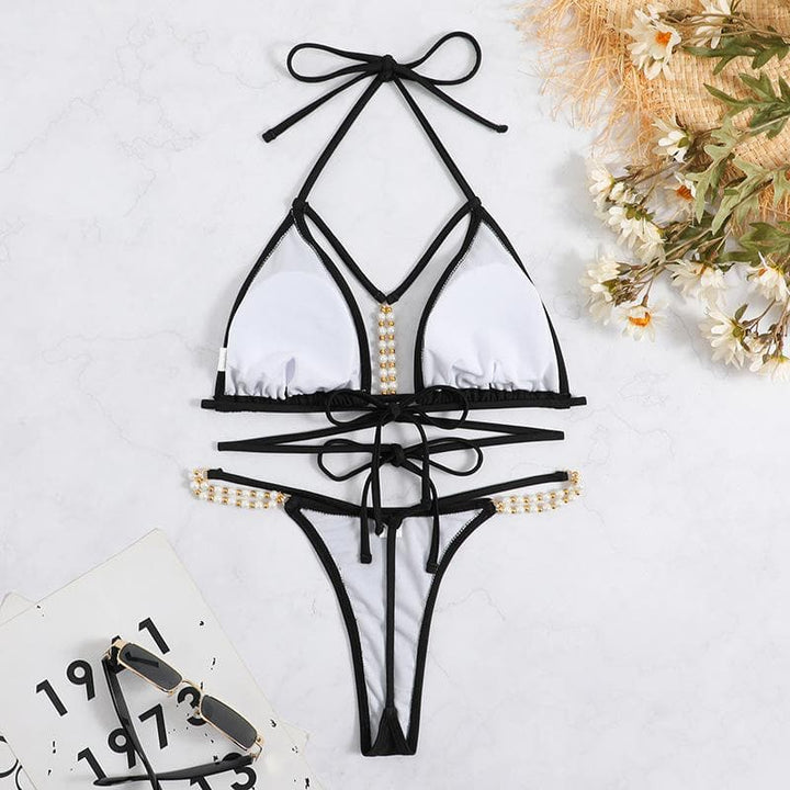 Kayan ninkaya na bikini mai ƙarfi da aka yi da sarkar ƙarfe na lu'u-lu'u