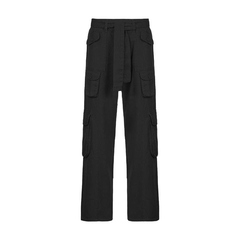 Tie waist pocket button solid straight leg cargo jeans – Halibuy