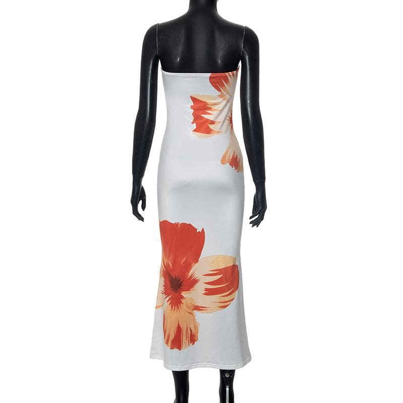 Satin flower print backless contrast tube midi dress  | Festival Outfits Women