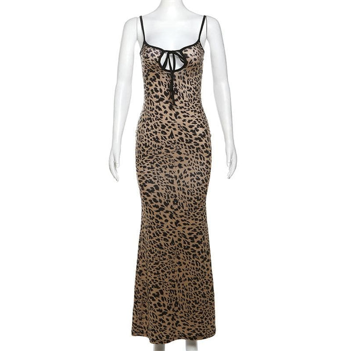 Leopard print hollow out backless cami cut out maxi dress  | Festival Outfits Women