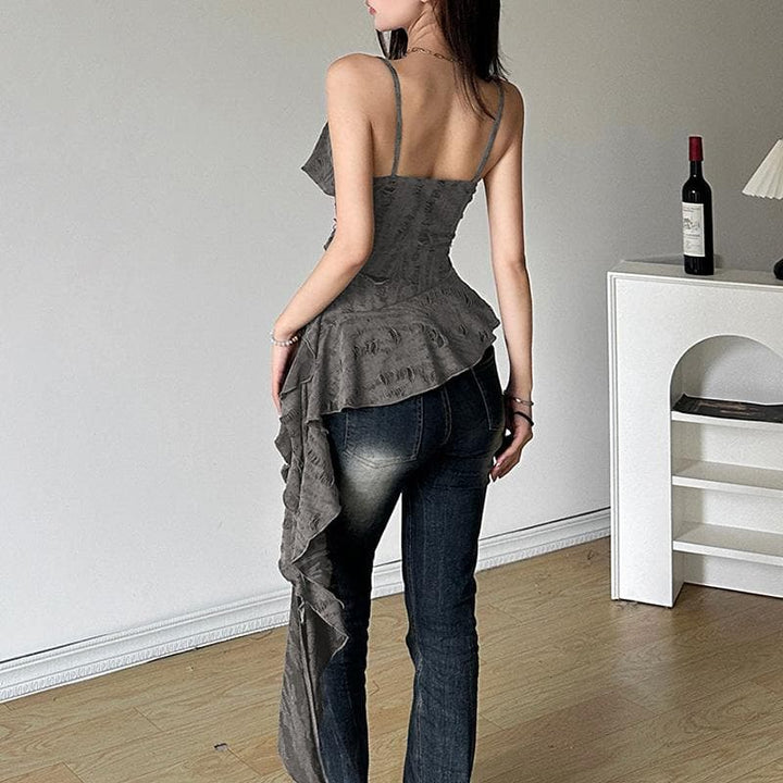 V neck ruffle irregular backless solid cami top  | Festival Outfits Women