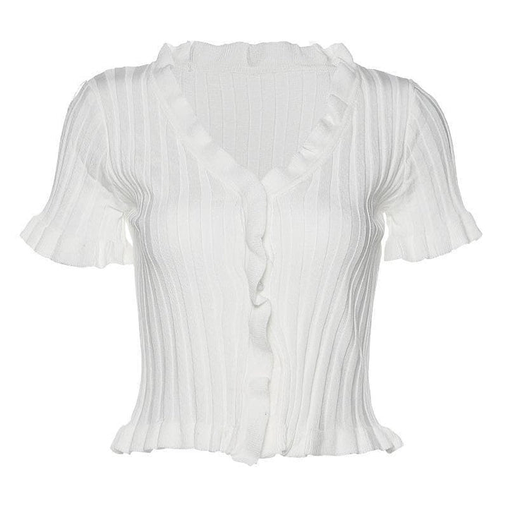 Short sleeve ribbed ruffled buttoned crop top - Halibuy