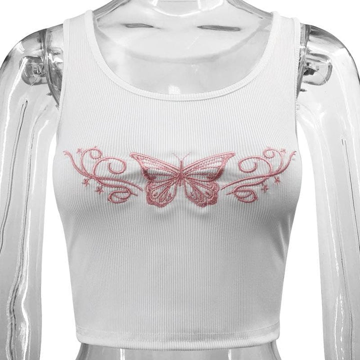 Butterfly embroidery u neck sleeveless ribbed crop top