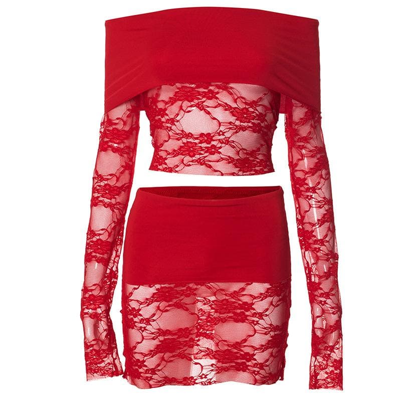 Long sleeve off shoulder lace see through mini skirt set  | Festival Outfits Women