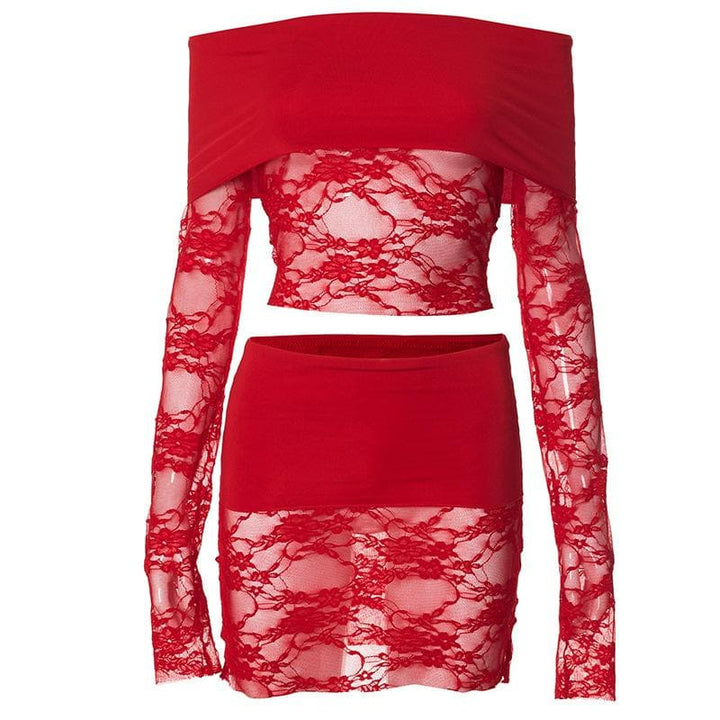 Long sleeve off shoulder lace see through mini skirt set  | Festival Outfits Women