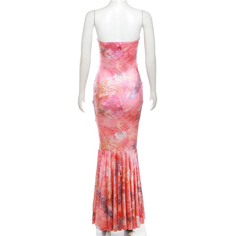 Lace up flower print contrast backless tube maxi dress