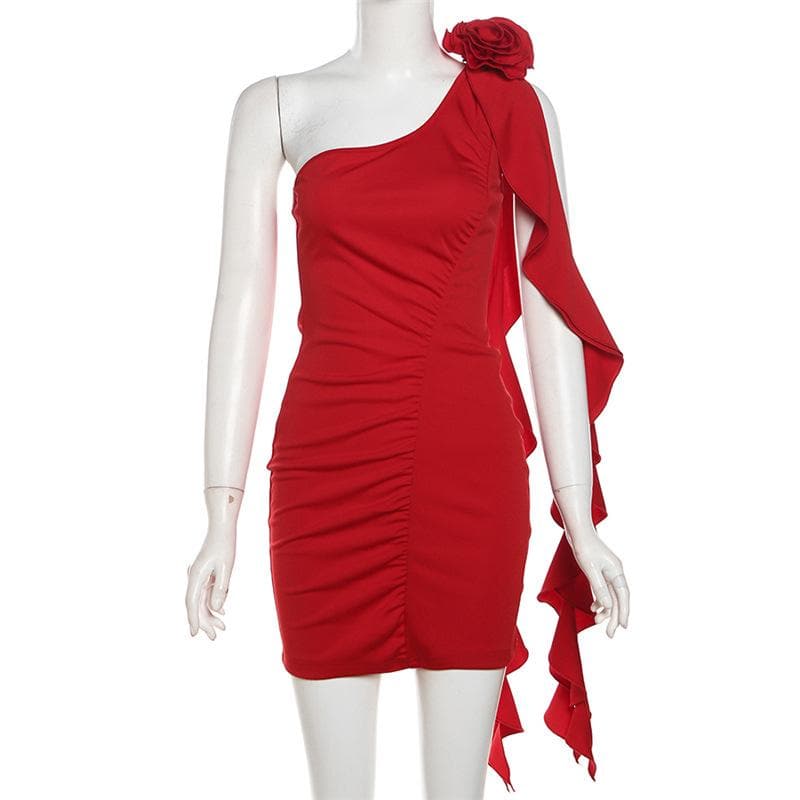 One shoulder flower applique ruched ruffle solid backless mini dress  | Festival Outfits Women