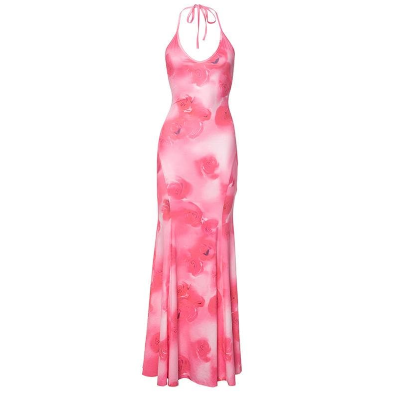 festival rose slip dress Halter print u neck backless self tie maxi mikarose combining silky jacquard with Batiste Cotton Tie-back Dress Size:UK 14 - XL
