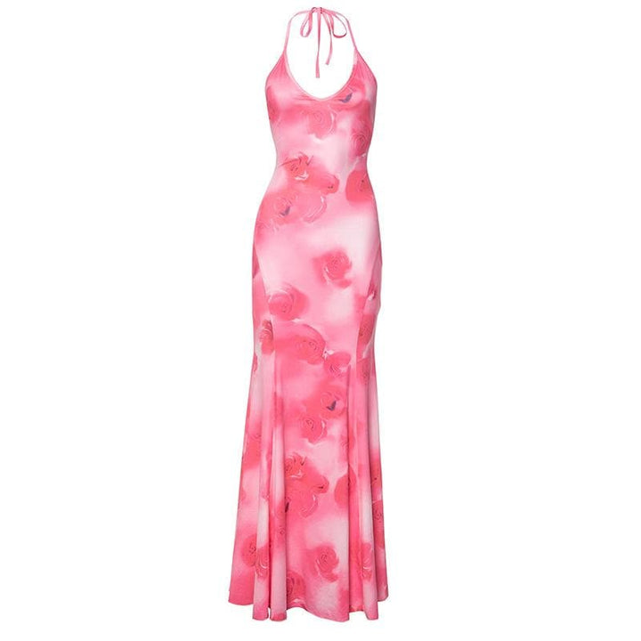 Halter rose print u neck backless self tie maxi dress  | Festival Outfits Women