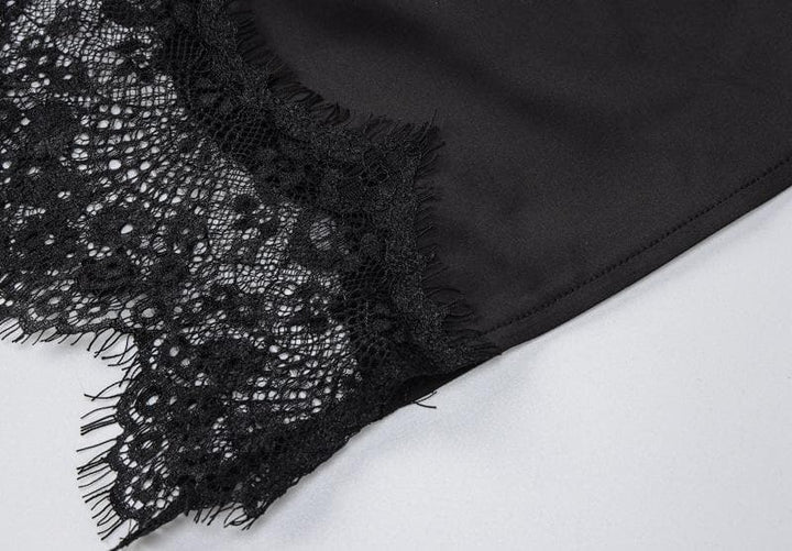 Hem lace slit satin cross open back dress - Halibuy