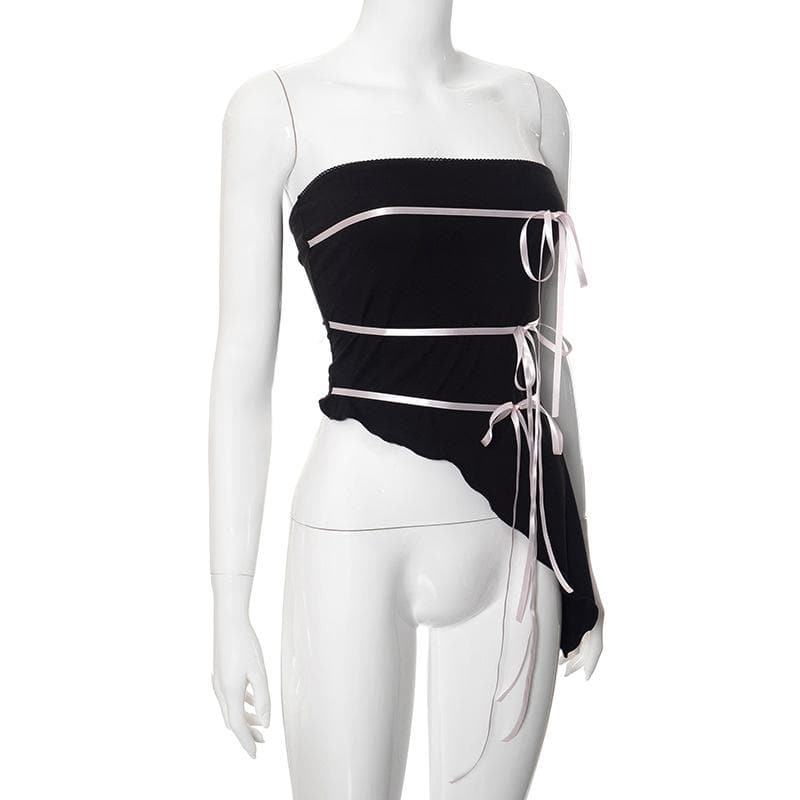 Bowknot ribbon ruffle backless irregular tube top  | Festival Outfits Women