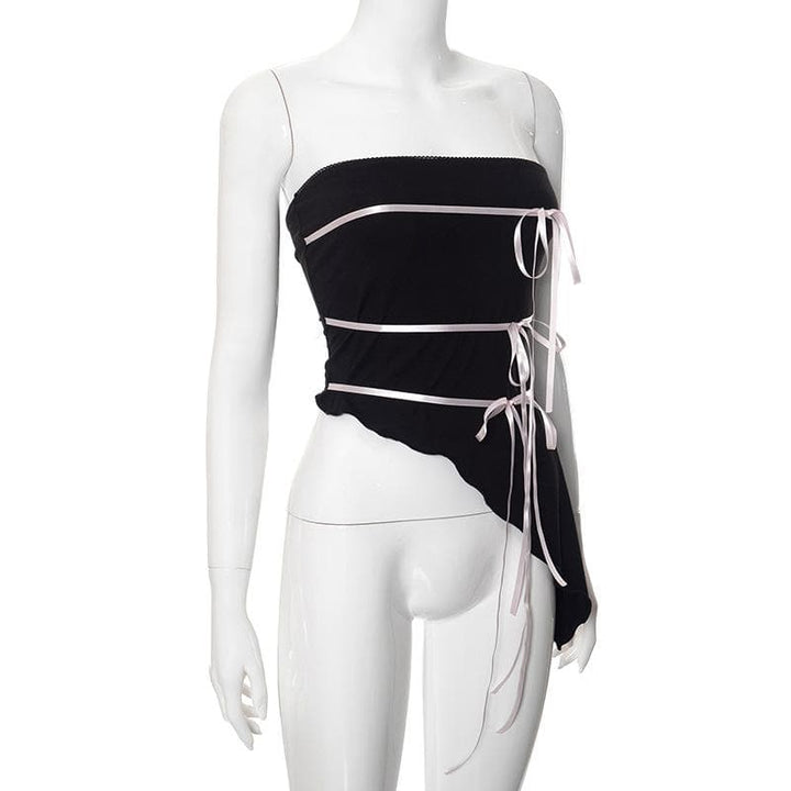 Bowknot ribbon ruffle backless irregular tube top  | Festival Outfits Women