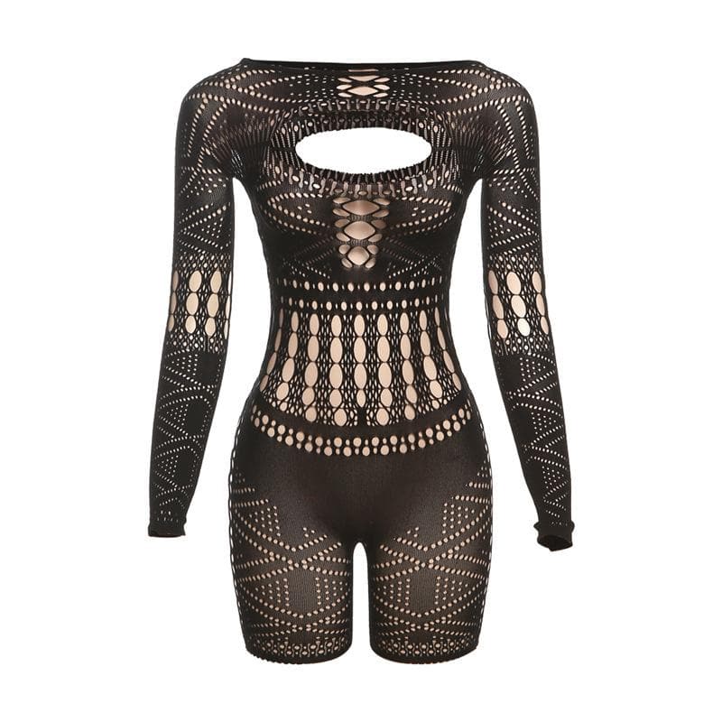 Long sleeve hollow out fishnet solid romper-final-sale