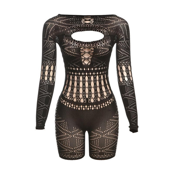Long sleeve hollow out fishnet solid romper-final-sale