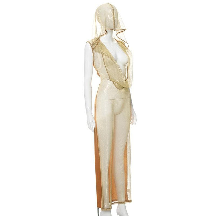 Hoodie cowl neck mesh see through backless maxi dress  | Festival Outfits Women