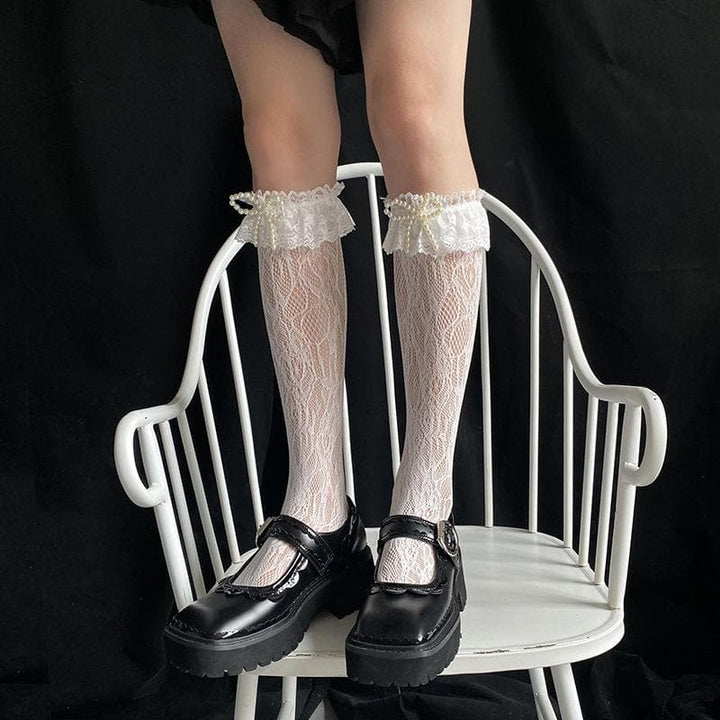 Sheer lace bowknot applique knee high socks