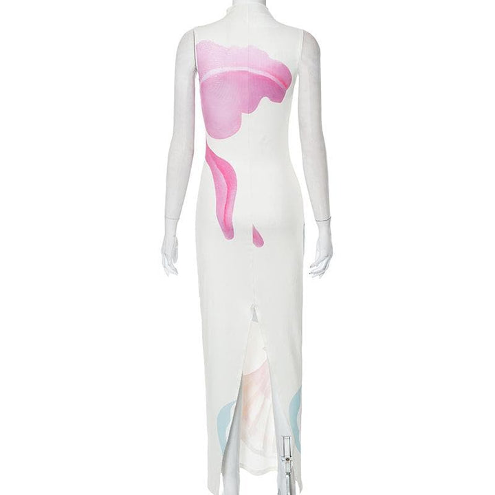 Abstract contrast print high neck sleeveless slit maxi dress  | Festival Outfits Women