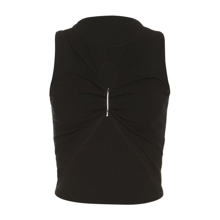Hollow out sleeveless crewneck ruched solid crop cut out top