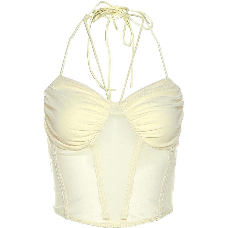 Halter self tie mesh backless ruched corset solid crop top