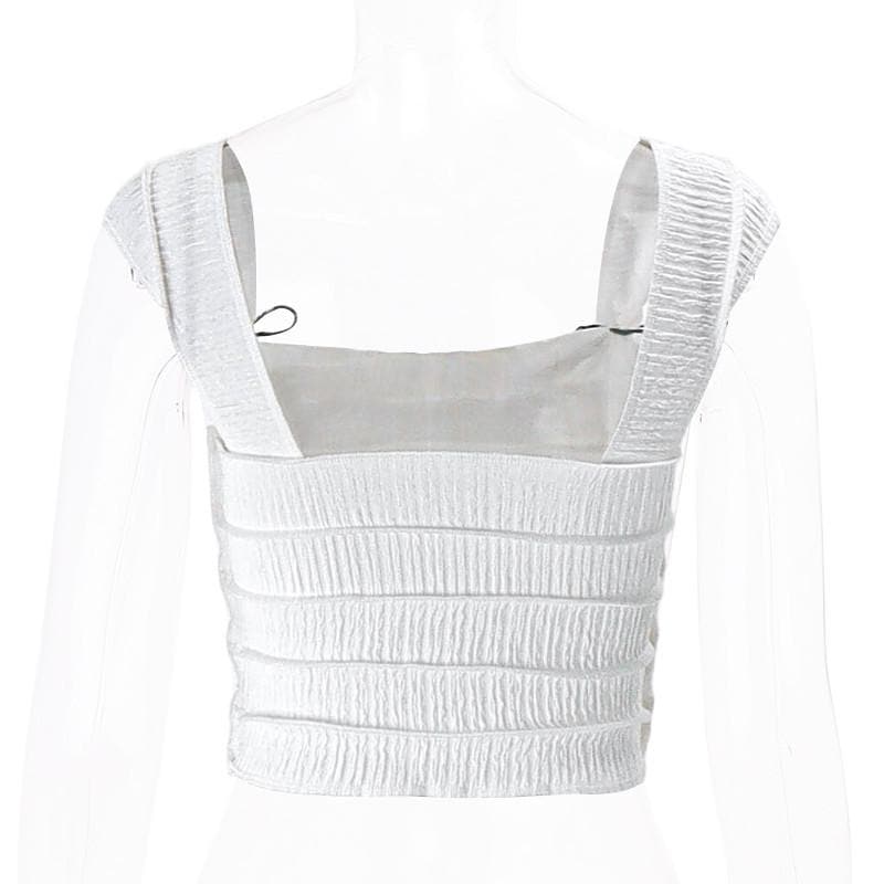 Stitch textured square neck sleeveless solid crop top