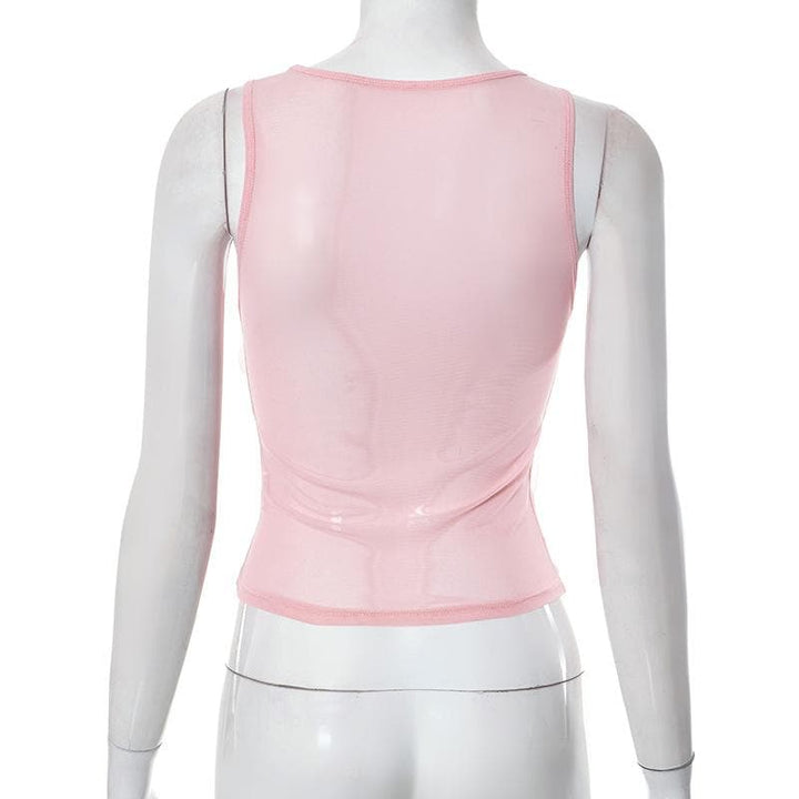 Sheer mesh see through bowknot sleeveless crewneck top - Final Sale