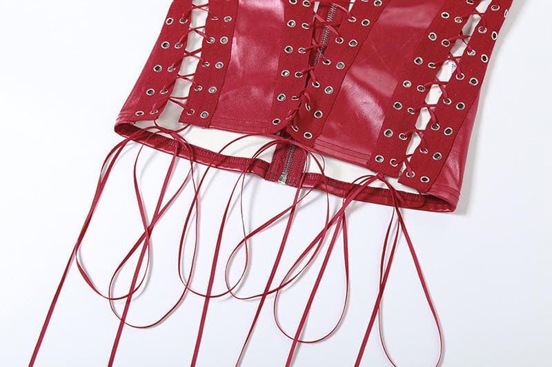 Lace up zip-up PU leather solid corset tube top  | Festival Outfits Women