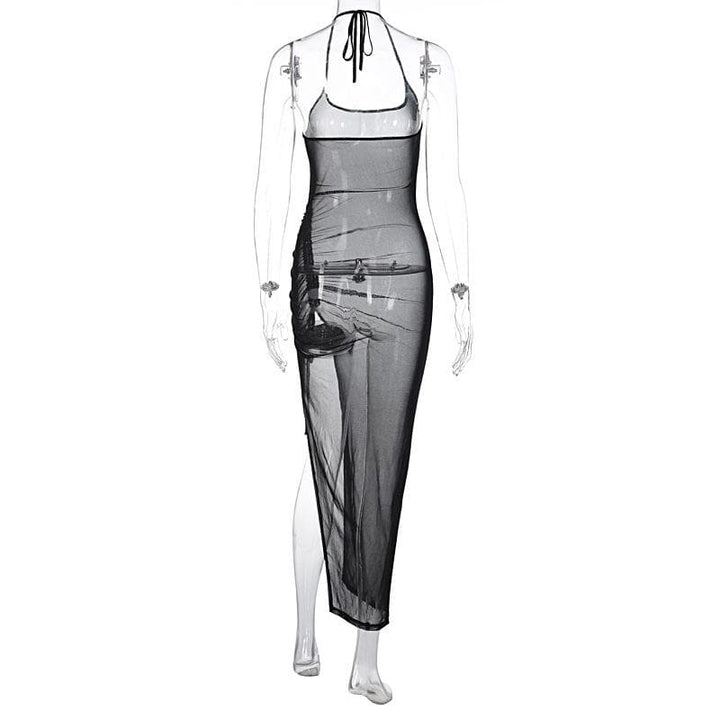 Halter drawstring sheer mesh see through slit backless maxi dress
