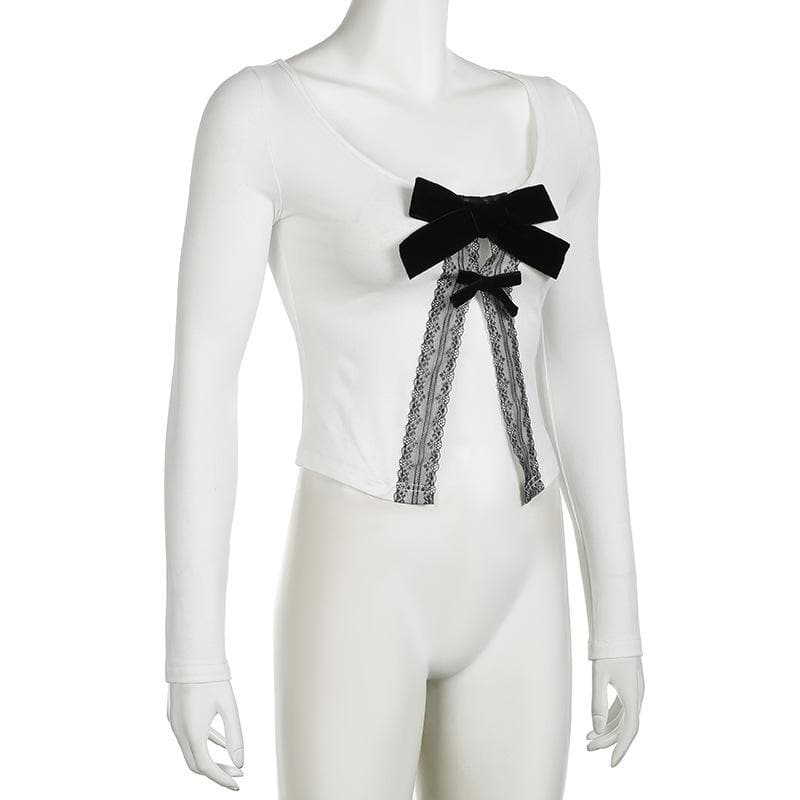 Long sleeve bowknot lace hem u neck slit top  | Festival Outfits Women