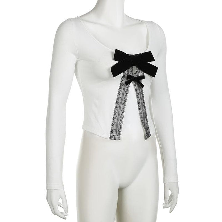 Long sleeve bowknot lace hem u neck slit top  | Festival Outfits Women