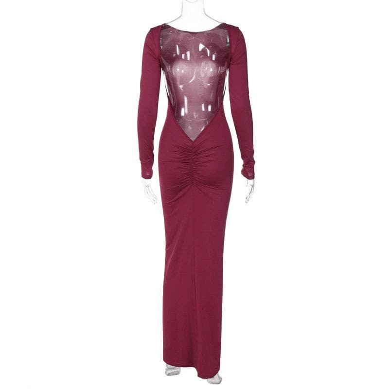 Backless ruched solid long sleeve maxi dress  | Festival Outfits Women