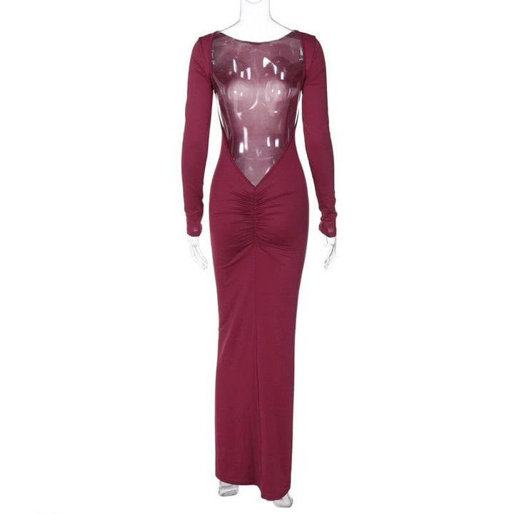 Backless ruched solid long sleeve maxi dress  | Festival Outfits Women