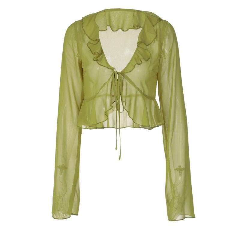 Chiffon see through ruffled long sleeve top - Halibuy