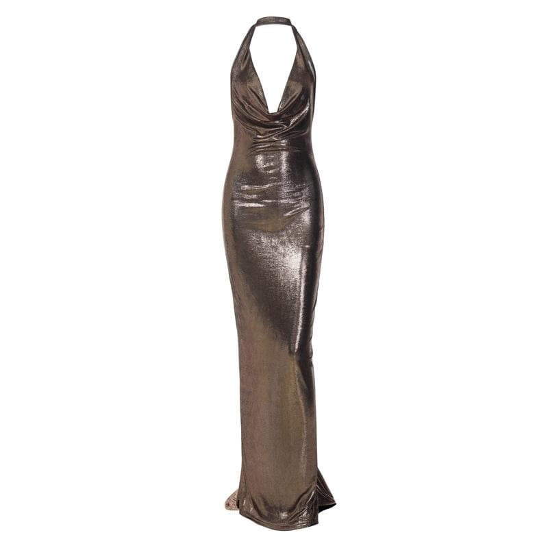 Metallic cowl neck ruched halter backless maxi dress Halibuy Metallic cowl neck ruched halter backless maxi dress Halibuy
