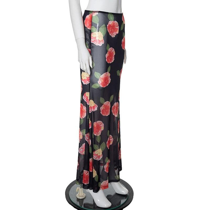 Sheer mesh flower print contrast maxi skirt  | Festival Outfits Women
