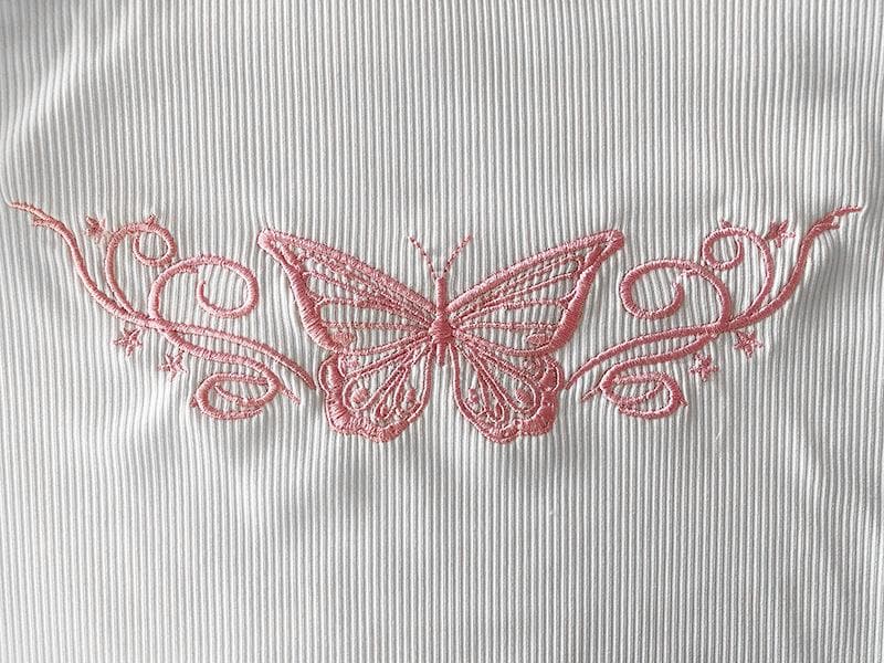 Butterfly embroidery u neck sleeveless ribbed crop top