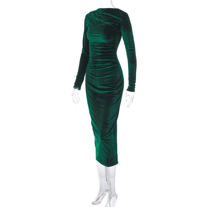 Velvet solid ruched long sleeve midi dress  | Festival Outfits Women