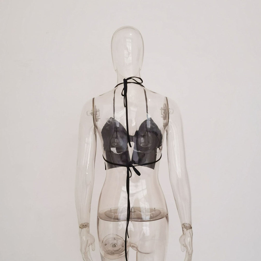 Double layered halter self tie backless bowknot solid cami top