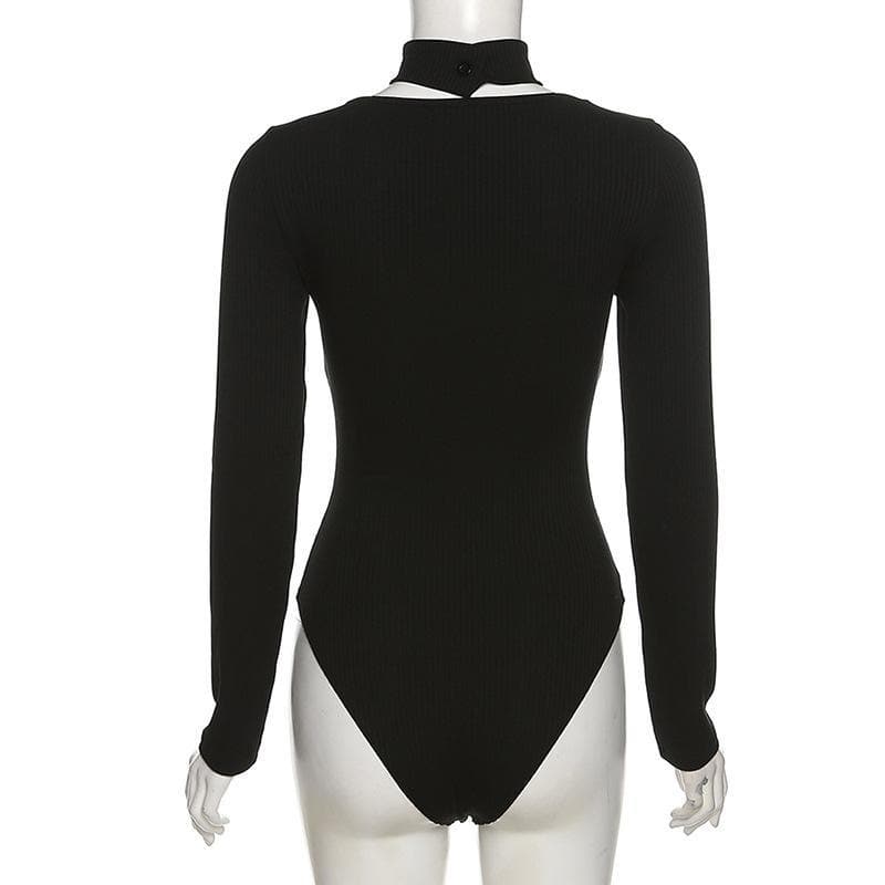 High neck mesh patchwork bodysuit - Halibuy