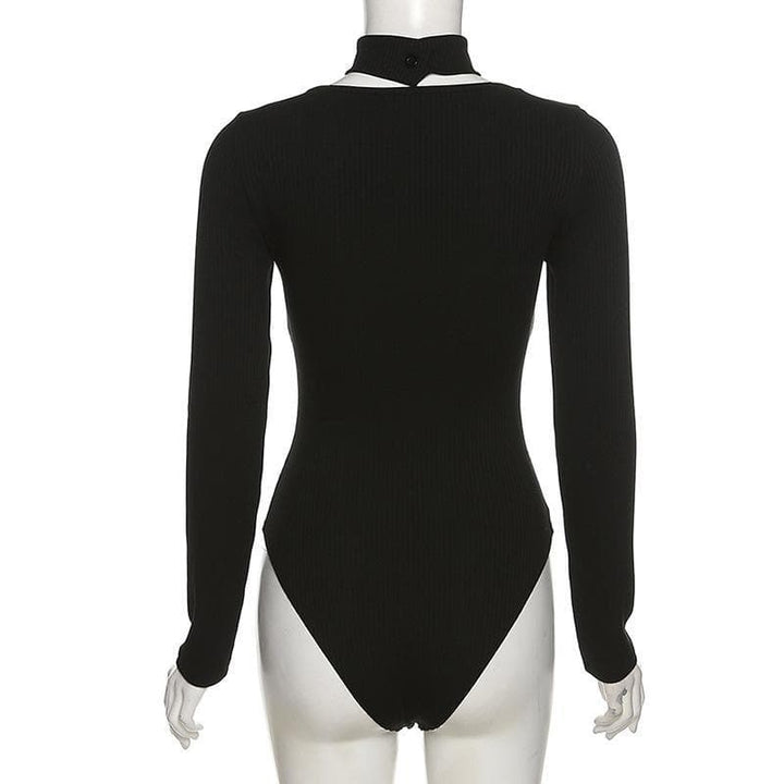 High neck mesh patchwork bodysuit - Halibuy