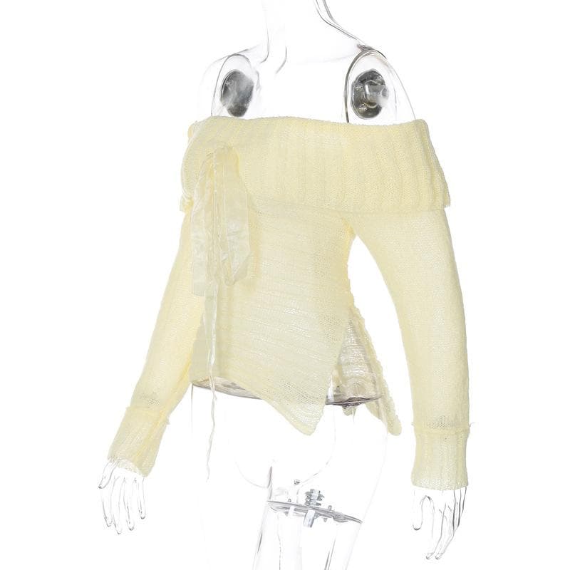 Long sleeve off shoulder bowknot ribbon ruffle ribbed knitted top  | Festival Outfits Women