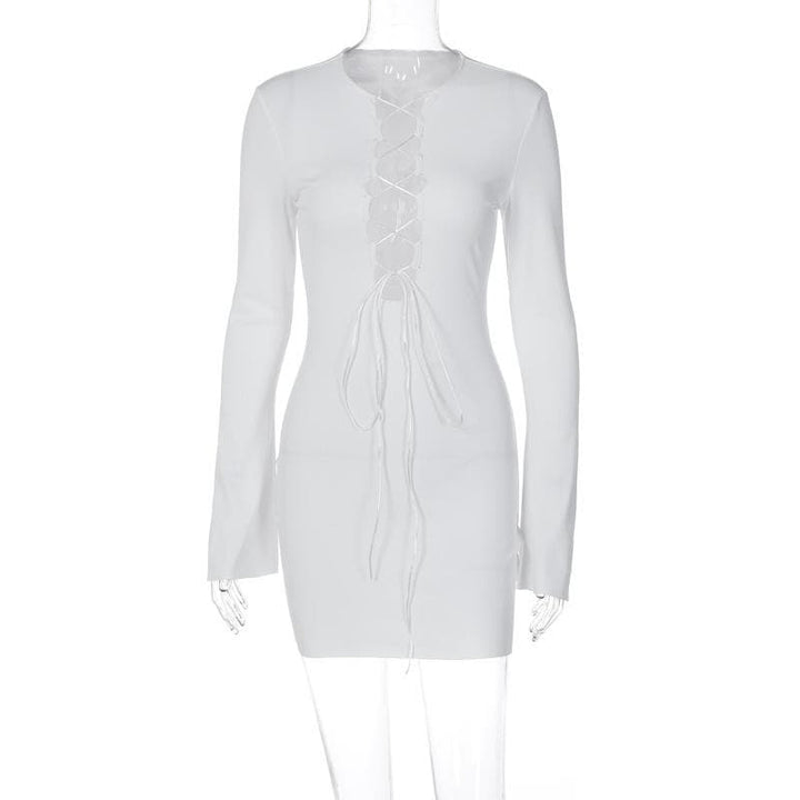 Lace up solid long sleeve ribbed self tie mini dress  | Festival Outfits Women