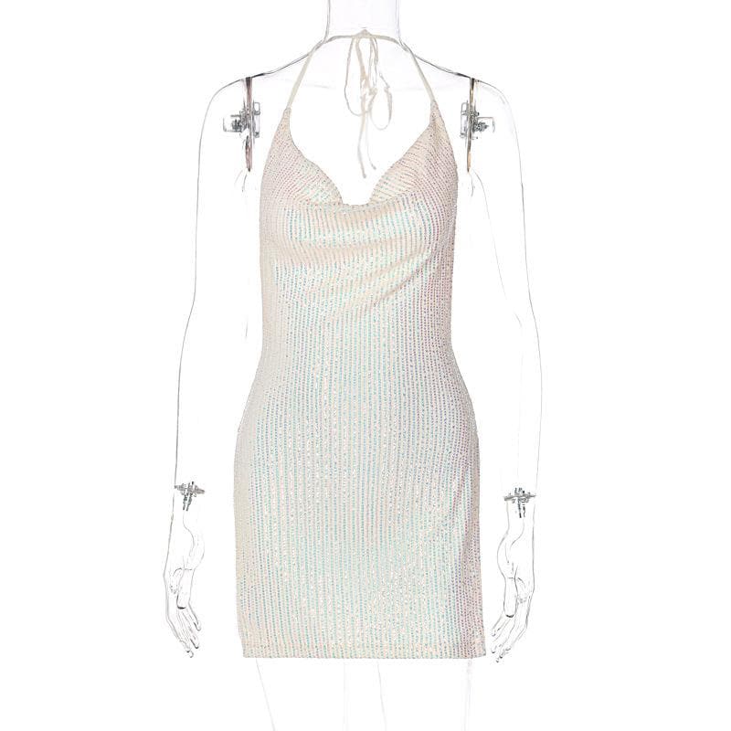 Glitter cowl neck halter slit backless mini dress Halibuy Glitter cowl neck halter slit backless mini dress Halibuy